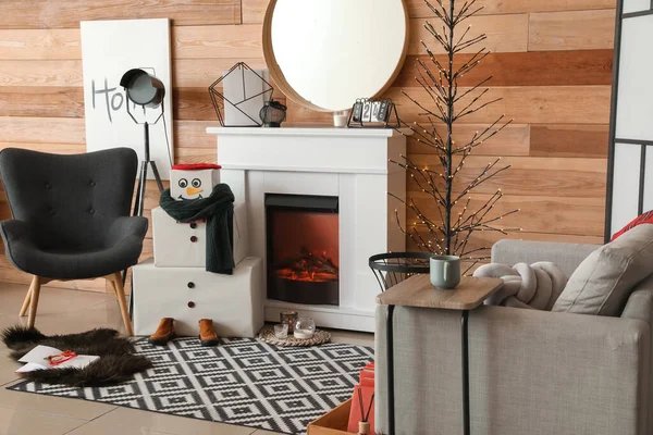 Interieur Woonkamer Met Decoratieve Sneeuwpop — Stockfoto