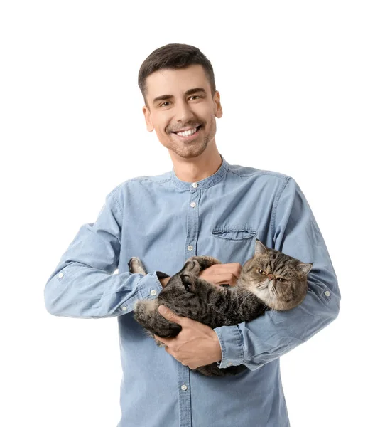 Jongeman Met Schattige Kat Witte Achtergrond — Stockfoto