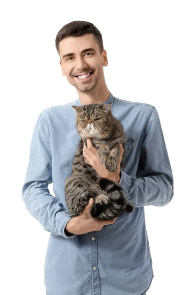 Hombre Joven Con Lindo Gato Sobre Fondo Blanco —  Fotos de Stock