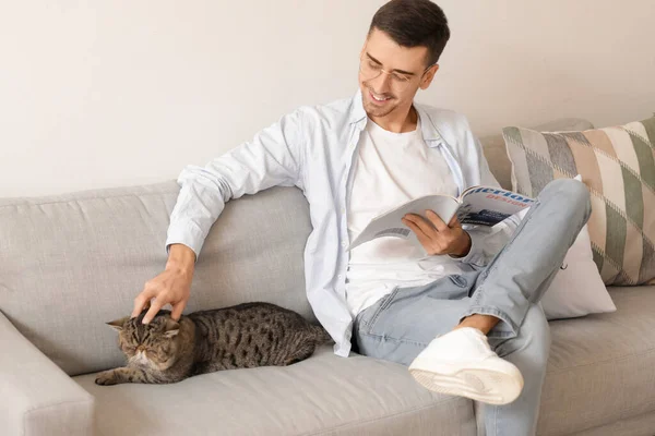 Young Man Cute Cat Home — Stock Photo, Image