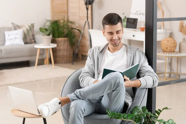 Young Man Book Sitting Armchair Home — Stock Photo, Image