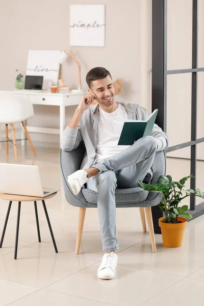 Young Man Book Sitting Armchair Home — Stock Photo, Image