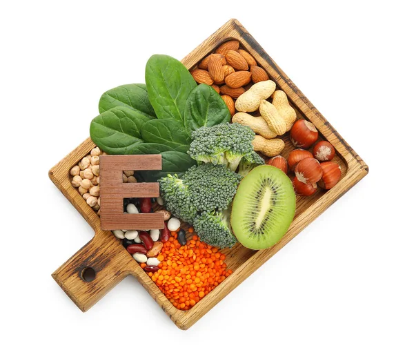 Tábla Egészséges Termékek Gazdag Vitamin Fehér Alapon — Stock Fotó
