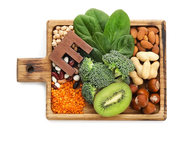 Tábla Egészséges Termékek Gazdag Vitamin Fehér Alapon — Stock Fotó
