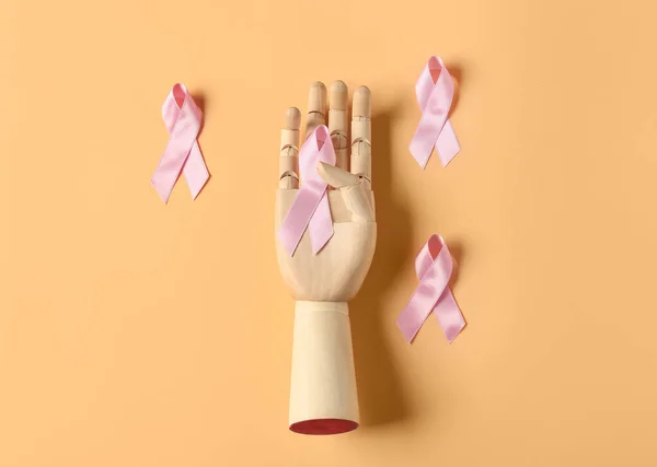 Wooden Hand Pink Ribbons Color Background Breast Cancer Concept — Stock Photo, Image