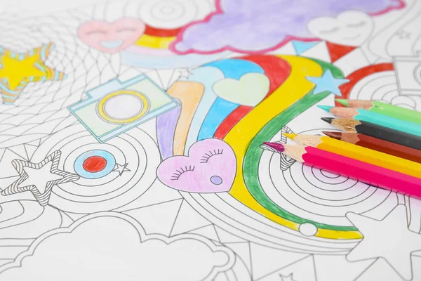 Coloring Picture Pencils Table Closeup — Stock Photo, Image