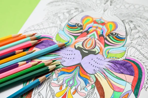 Coloring Picture Pencils Table Closeup — Stock Photo, Image