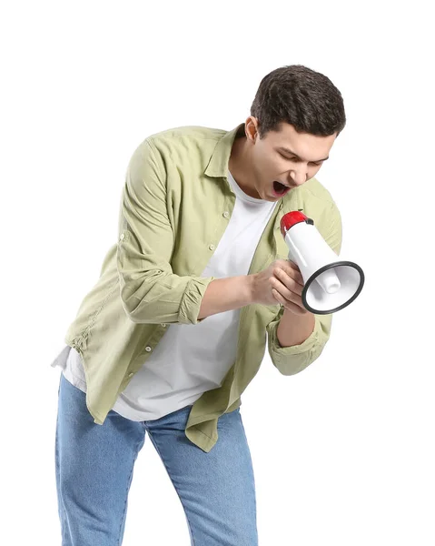 Bonito Jovem Gritando Megafone Fundo Branco — Fotografia de Stock