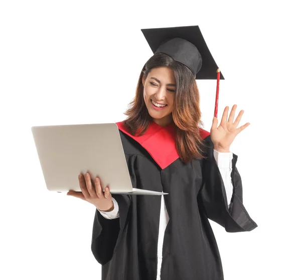 Kvinna Examen Student Med Bärbar Dator Vit Bakgrund — Stockfoto