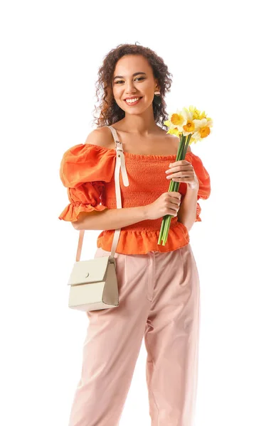 Mooie Jonge Afro Amerikaanse Vrouw Met Narcis Boeket Witte Achtergrond — Stockfoto