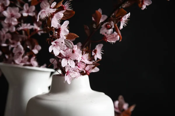 Vázy Krásnými Kvetoucími Větvemi Tmavém Pozadí Detailní Záběr — Stock fotografie