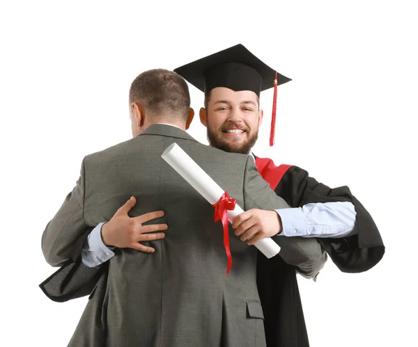 Happy Male Graduation Student His Father White Background — Stock Photo, Image