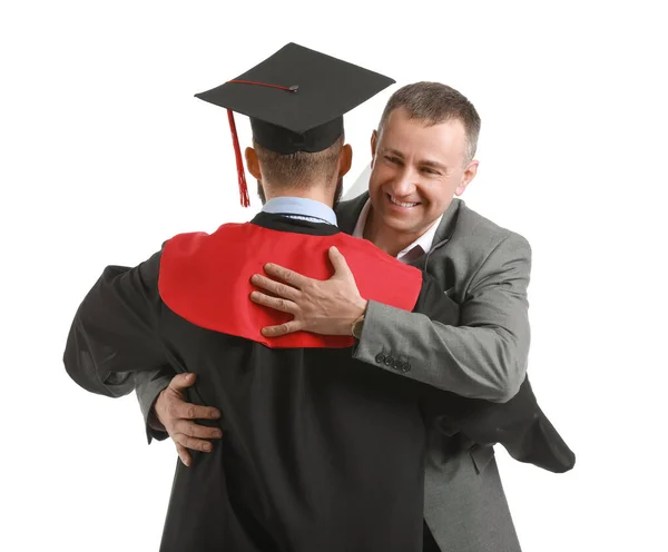 Boldog Férfi Diplomás Diák Apjával Fehér Háttér — Stock Fotó