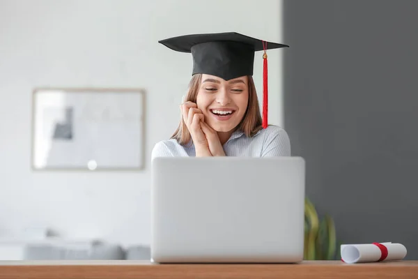 Happy Female Student Her Graduation Day Home Concept Studying Online — Stock Photo, Image