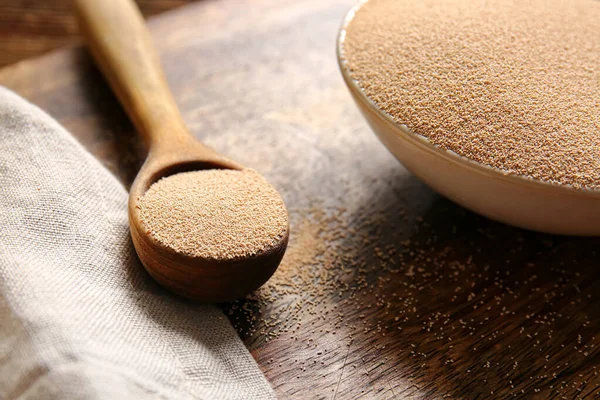 Spoon Active Dry Yeast Wooden Table Closeup — Stock Photo, Image