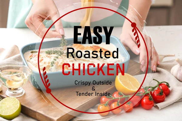 Woman Cooking Tasty Chicken Fillet Kitchen — Stock Photo, Image