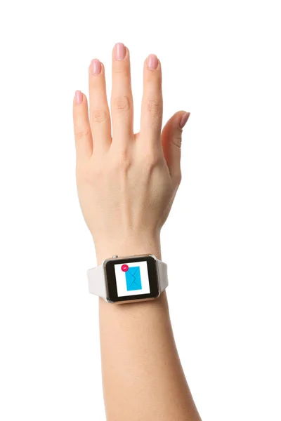 Female Hand Received Email Message Screen Smart Watch White Background — Stock Photo, Image