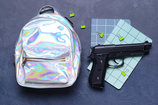 Pistol Backpack Stationery Dark Background Concept School Shooting — Stock Photo, Image