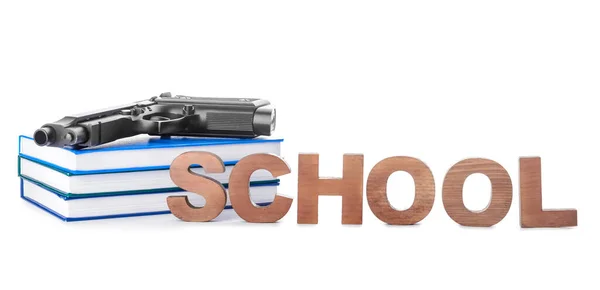 Pistola Livros Sobre Fundo Branco Conceito Tiroteio Escolar — Fotografia de Stock