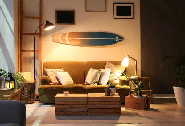 Interior Modern Stylish Room Surfboard Sofa Evening — Stock Photo, Image