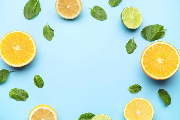 Frame Made Healthy Citrus Fruits Color Background — Stock Photo, Image