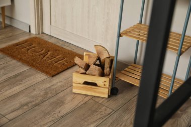 Odanın zemininde yakacak odun dolu bir kutu.