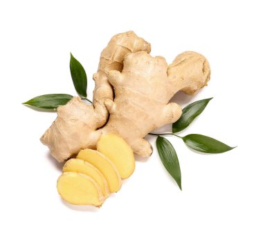 Beyaz arkaplanda taze zencefil