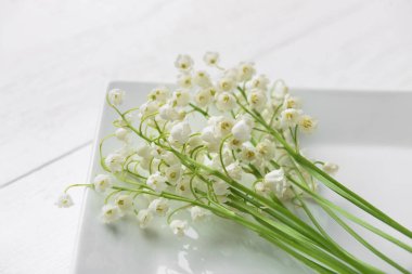 Açık ahşap arka planda, vadideki güzel çiçekli tabak, yakın plan.