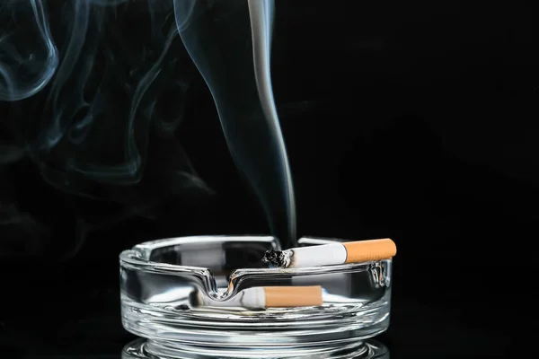 Ash Tray Burning Cigarette Dark Background — Stock Photo, Image