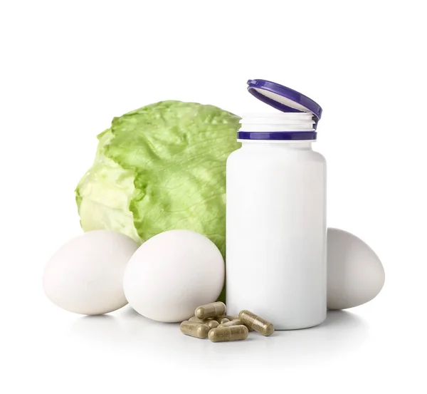Bottle Pills Eggs Cabbage White Background — Stock Photo, Image