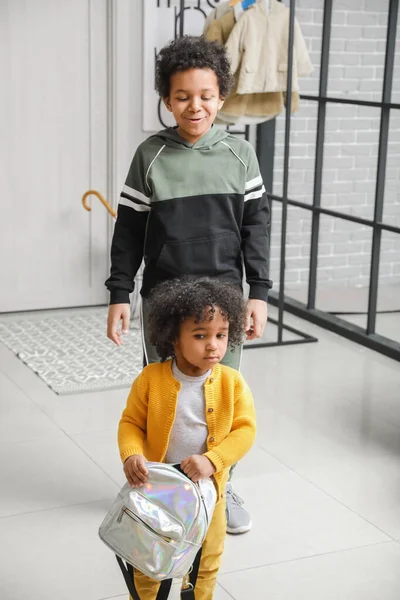 African American Children Backpack Home — Stock Photo, Image