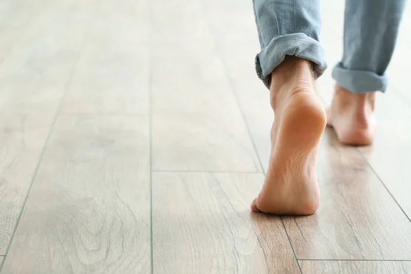 Man Walking New Laminate Flooring Home — Stock Photo, Image