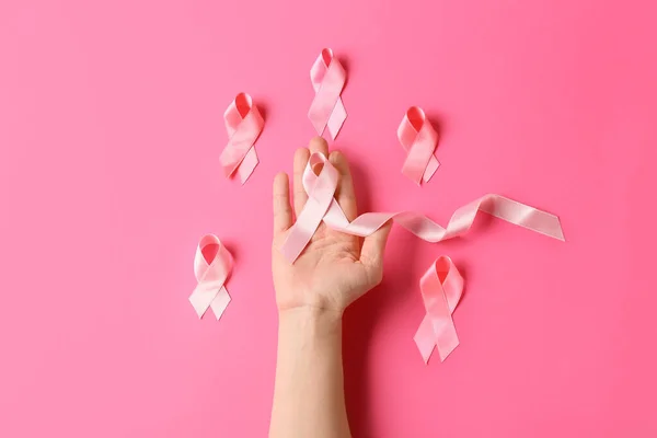 Male Hand Pink Ribbons Color Background Breast Cancer Concept — Stock Photo, Image