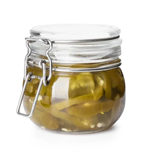 Glazen Pot Met Ingeblikte Jalapeno Witte Achtergrond — Stockfoto