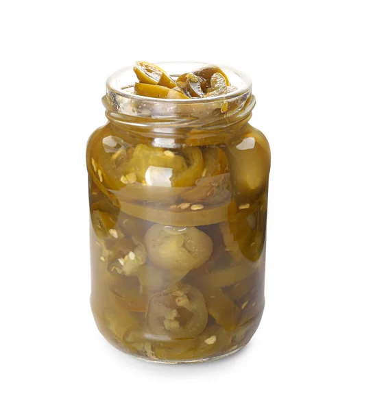 Glazen Pot Met Ingeblikte Jalapeno Witte Achtergrond — Stockfoto