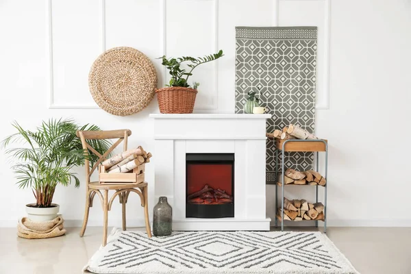 Interior Stylish Living Room Fireplace — Stock Photo, Image