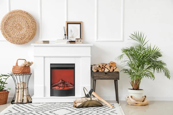 Interior Stylish Living Room Fireplace — Stock Photo, Image