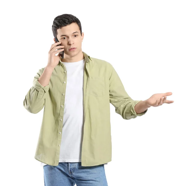 Young Man Talking Mobile Phone White Background — Stock Photo, Image