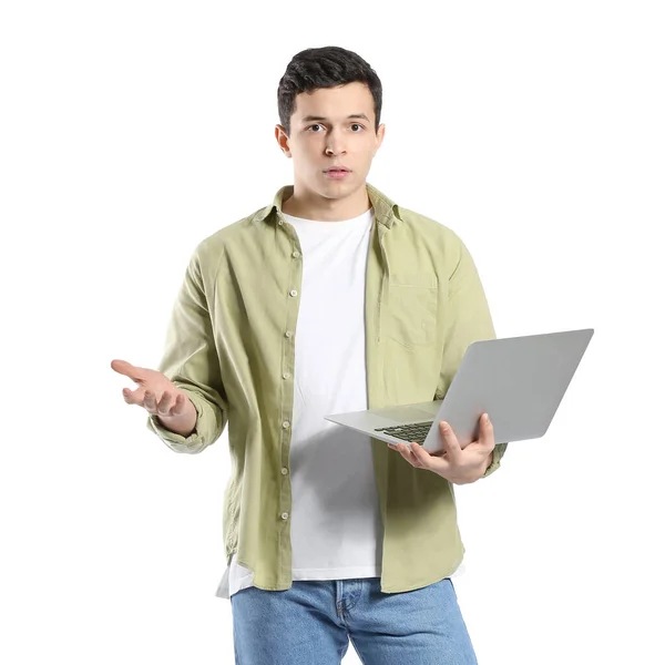 Upset Young Man Laptop White Background — Stock Photo, Image
