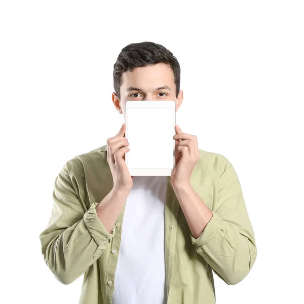 Hombre Joven Guapo Con Computadora Tableta Sobre Fondo Blanco — Foto de Stock