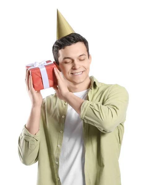 Jovem Feliz Com Caixa Presente Fundo Branco — Fotografia de Stock