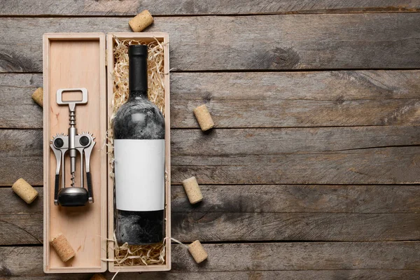 Box Bottle Wine Corkscrew Wooden Background — Stock Photo, Image