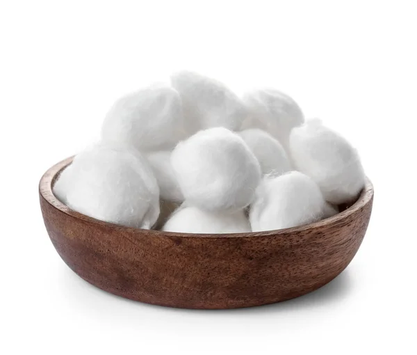 Wooden Bowl Soft Cotton Wool White Background — Stock Photo, Image