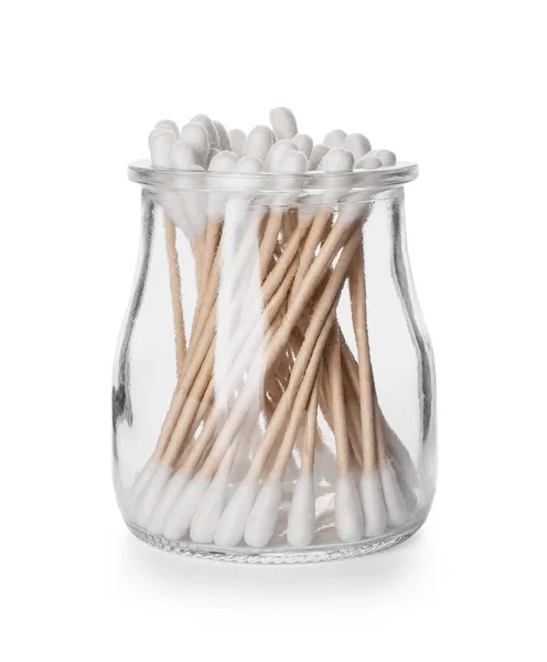 Glass Jar Cotton Swabs White Background — Stock Photo, Image