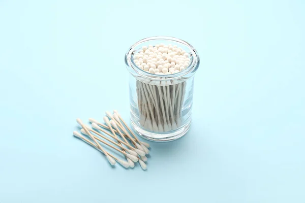 Glass Cotton Swabs Color Background — Stock Photo, Image