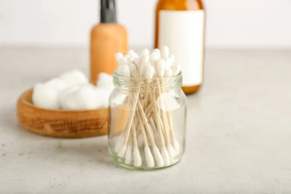 Cotton Swabs Balls Bottles Cosmetic Product Light Background — Stock Photo, Image