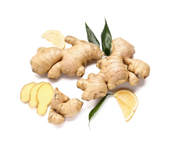 Fresh Ginger Lemon White Background — Stock Photo, Image