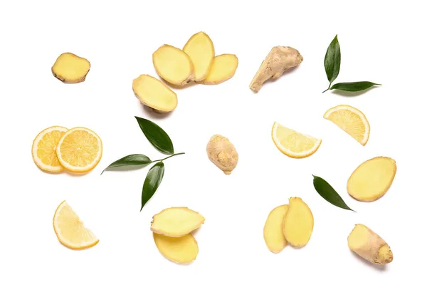 Slices Fresh Ginger Lemon White Background — Stock Photo, Image