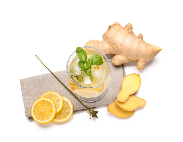 Glass Cold Ginger Lemonade White Background — Stock Photo, Image