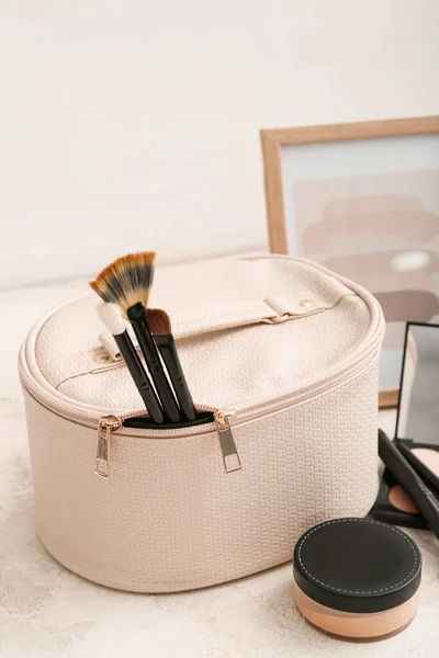 Stylish Bag Decorative Cosmetics Light Background — Stock Photo, Image